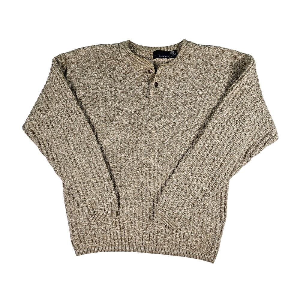 Vintage Bill Blass Mens XL Tan Fisherman Henley Knit Sweater Hand Framed USA 90s